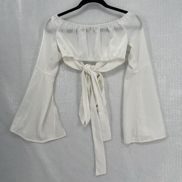Tobi Crop Top Tie Front Small White Long Flare Sleeve Elastic Back Festival Boho - Picture 9 of 12
